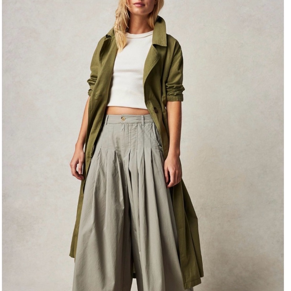 Light Olive Wide-Leg Pleated Skirt